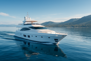 A luxurious yacht cruising on calm waters with mountains in the background under a clear blue sky.